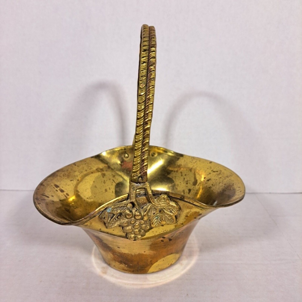 Vintage Brass Basket With Handle & Grape‎ Leaf Detailing Made In India